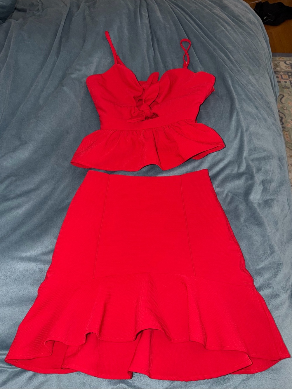 J.O.A. Los Angeles Red Peplum Crop Top & Ruffle Skirt Matching Set Size Small